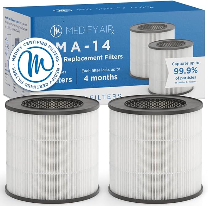 Medify Air MA-14 Genuine Replacement Filter | for Allergens, Wildfire Smoke, Dust, Odors, Pollen, Pet Dander | 3 in 1 with Pre-Filter, H13 HEPA and Activated Carbon | Removal to 0.1 Microns | 2-Pack
