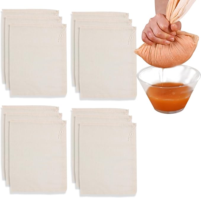 12 Pieces Milk Nut Bag Strainer 7" x 11", Reusable Cheese Cloth Bag for Straining Fruit Juice, Fine Mesh Food Cloth Strainer Filter for Cream Cold Brew Coffee Butter Yogurt Tea Tofu (20x30cm)