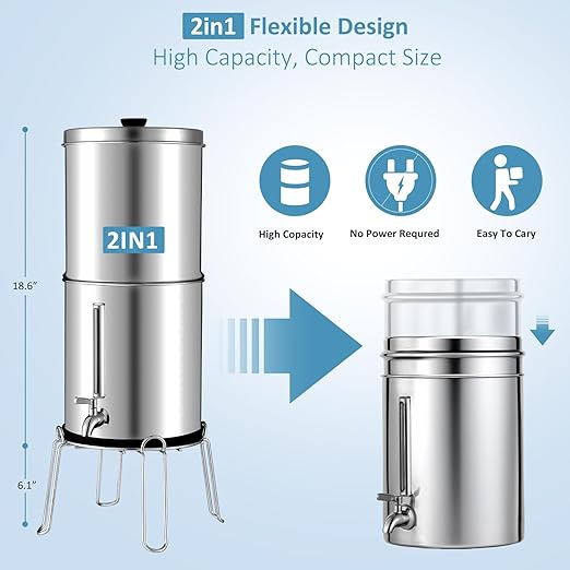 2.25G Ultra-Filtration Gravity Water Filter System，304 Stainless Steel Countertop System with 2 Carbon Filters and Stand ，NSF/ANSI 42 Certification，Reduce 99.9% Chlorine