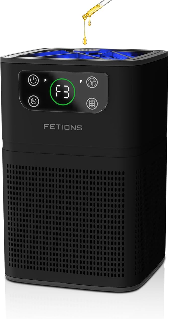 Air Purifiers for Bedroom Home, FETIONS Air Cleaner with Fragrance Sponge Sleep Mode 3-in-1 Filtration System, Compact with H13 HEPA Filter for Pet Dander Pollen Smoke Dust Odor, Black,1 Pack