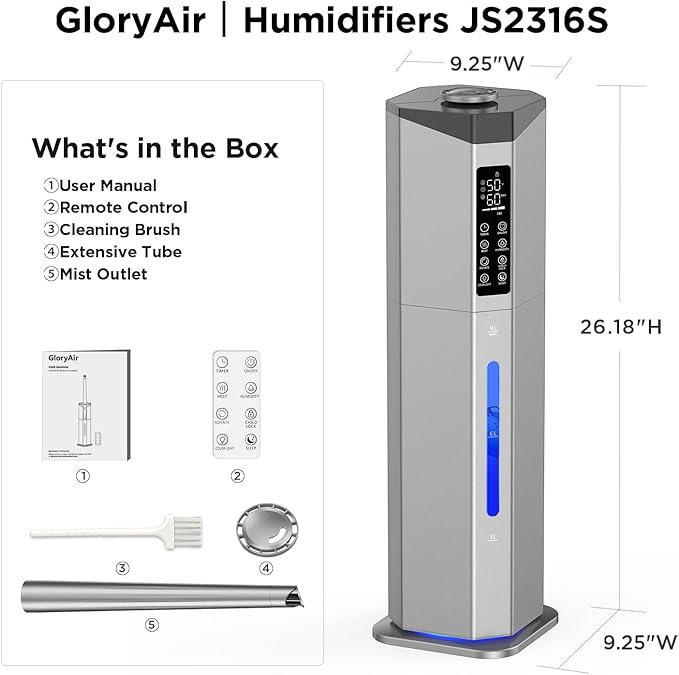 Humidifiers for Bedroom - GloryAir 2.38Gal/9L Dual Atomizers Top Fill Humidifier for Large Room 2000ft² with Auto Rotation 7-Color Light Humidistat Quiet Commercial Humidifiers for House Plants Baby