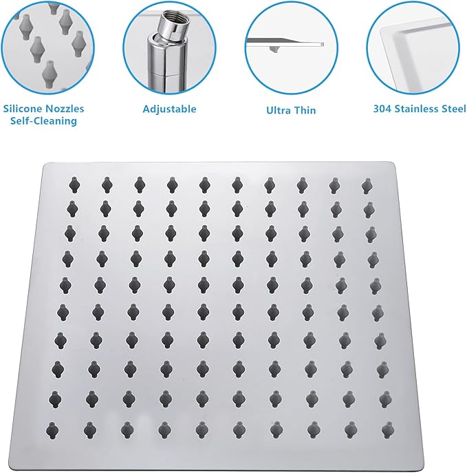 Lordear Rain Shower Head 8 Inch Square High Pressure Waterfall Shower Head Ultra Thin 304 Stainless Steel Shower Head Polish Chrome with 100 Silicone Nozzles