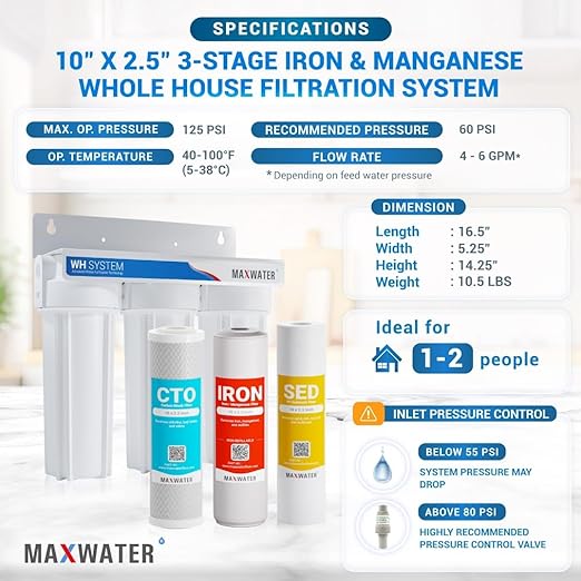 Max Water 3 Stage (Coastline Houses, Cottage, Farm, Well & Underground Water) 10 inch Water Filtration System for Whole House-Sediment+Iron Manganese+CTO Post Carbon -3/4" Inlet/Outlet- Model : WH-SW5