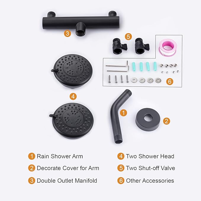 High Pressure Double Shower Head with Shut-Off Valve and Shower Arm Set Solid Brass Casting Dual Outlet Manifold Dual Shower Fixed Head 3 Function Shower Heads Sprayers, Matte Black