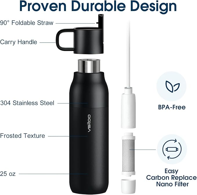 Vsitoo 25 oz Water Purifier Bottle–Stainless Steel, Carbon Fiber Filter, Double-Wall Insulated, BPA-Free, Ideal for Hiking, Cycling, Gym & Outdoor Use–Life Straw Compatible, Black