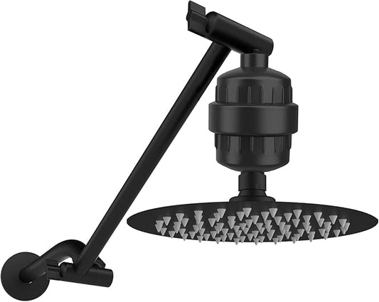 Metal 8-Inch Rainfall Filtered Shower Head for Hard Water with 9" Shower Extension Arm, High-Pressure Rain Shower Head with 20 Stage Filter - Removes Chlorine for Hair and Skin