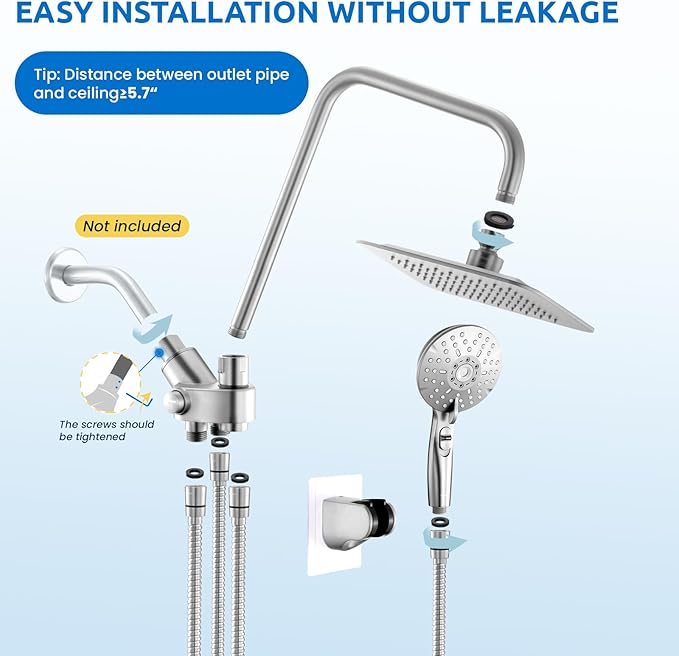 8" Dual Shower Head Combo, High Pressure Rainfall Shower Head with Handheld, 6 Spray Settings Angle Adjustable Handheld Shower Head with Pause, Height Adjustable, Chrome Silver