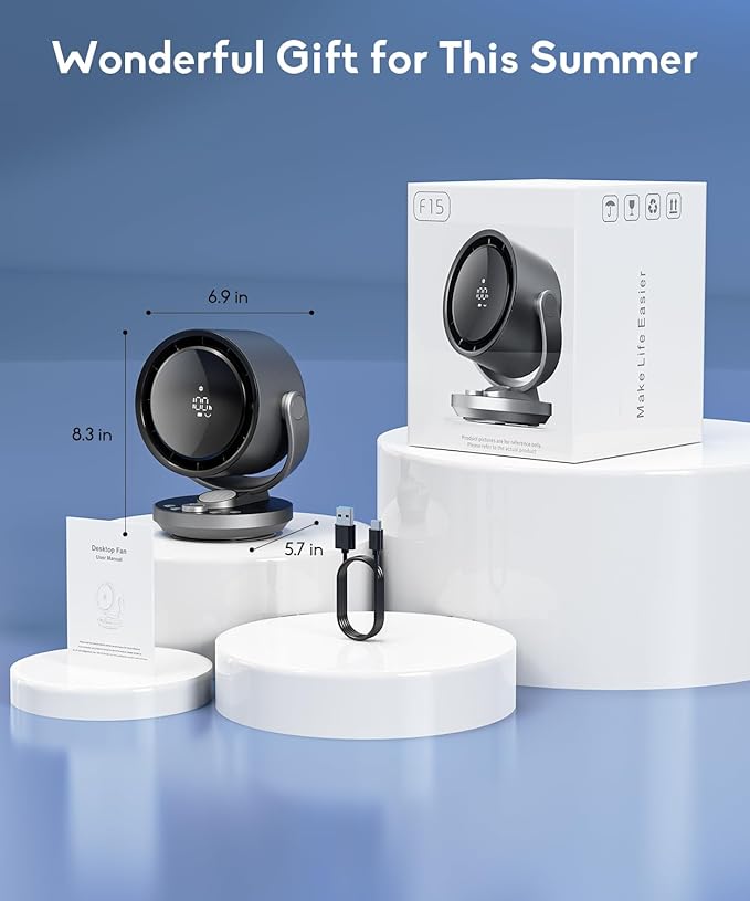 let'me Desk Fan, 100-Speed Table Fan with Digital Display, Rechargeable Portable Fan with Warm Night Light, 135°Auto Oscillating Fan and 12H Timer, Small Quiet Desk Fan for Bedroom, Home, Office