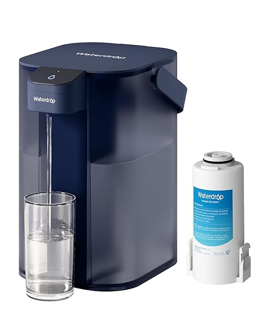Waterdrop Rechargeable Water Filter Dispenser, 200-Gallon Water Pitcher, Instant 15-Cup Countertop System, 10X Filtration Efficiency, Reduce 98% Chlorine and 20+ Contaminants, Navy Blue