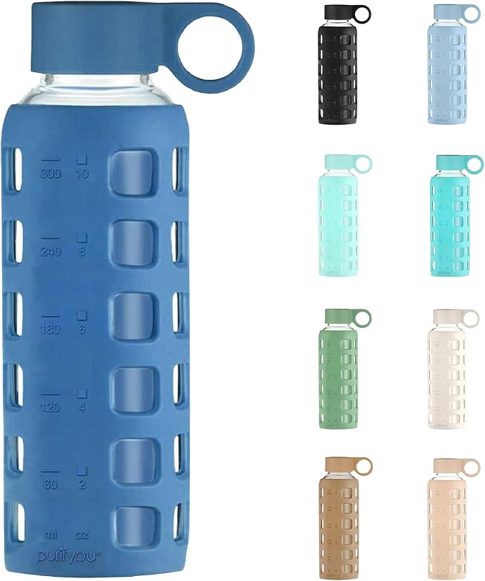 purifyou 40oz / 32oz / 22oz / 12oz Borosilicate Glass Water Bottle with Time & Volume Markers, Silicone Sleeve, Stainless Steel Lid | Reusable Glass Bottle for Water & Juice (12oz Chinese Porcelain)