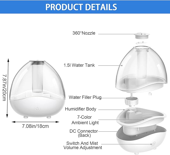 Petyoung Ultrasonic Mist Humidifier with Night Light, Quiet Auto Shut- Off Air Humidifiers for Bedroom, Desk Humidifiers Essential Oil Diffuser with Removable 1.5L Water Tank
