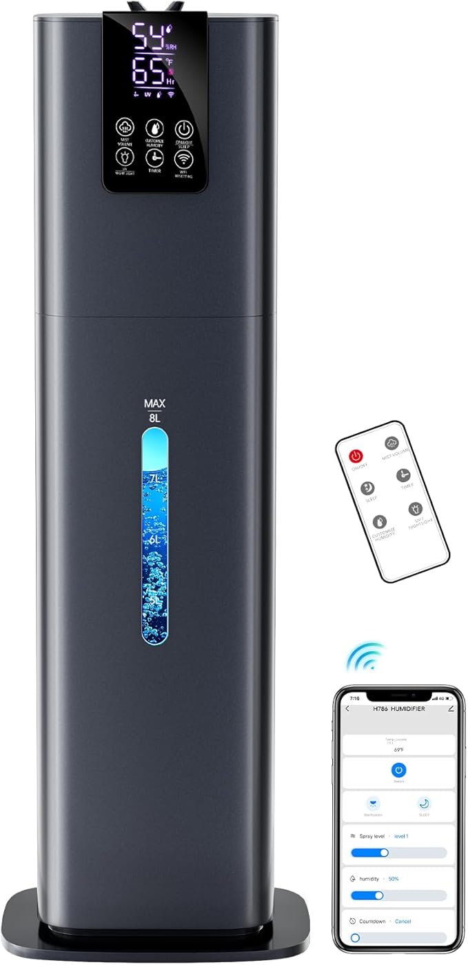 Smart Humidifiers Large Room Bedroom Home, 2.11Gal(8L) Quiet Top Fill Cool Mist Humidifier, Smart App & Remote Control, 3 Speed Humidifier with 360° Nozzle, Humidity Setting for Baby Office(Blue)