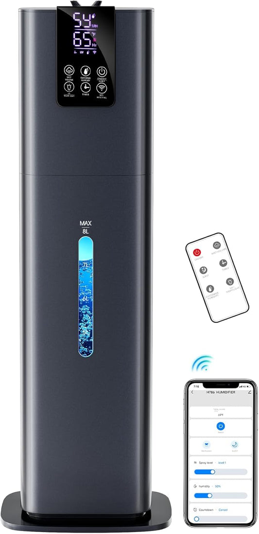 Smart Humidifiers Large Room Bedroom Home, 2.11Gal(8L) Quiet Top Fill Cool Mist Humidifier, Smart App & Remote Control, 3 Speed Humidifier with 360° Nozzle, Humidity Setting for Baby Office(Blue)