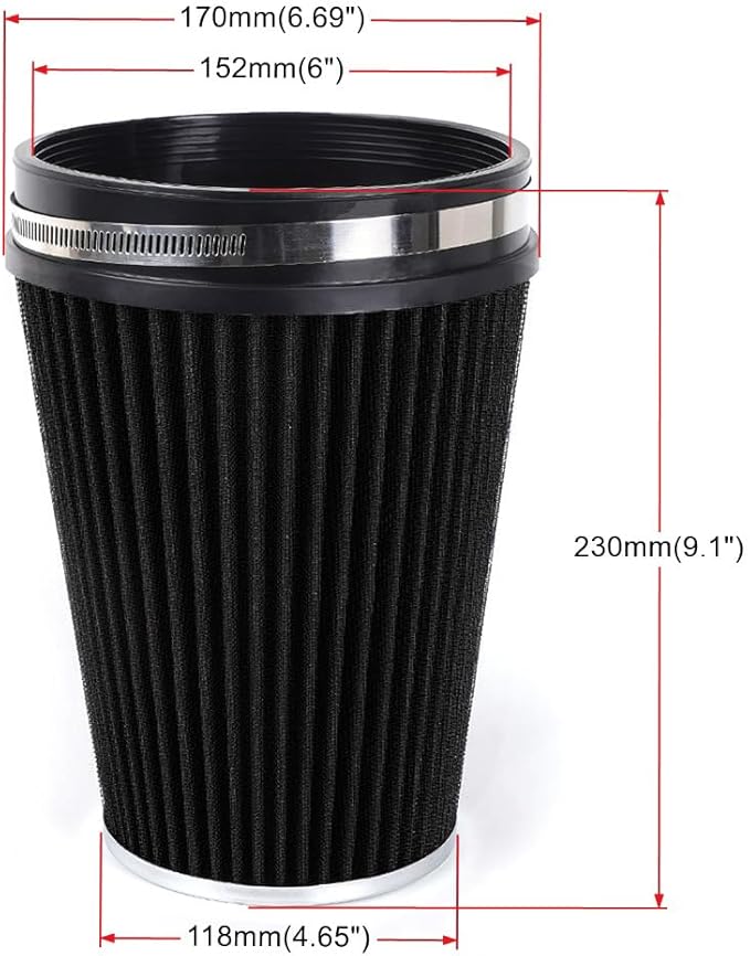 MUGE RACING 6" 152 mm High Flow Inlet Air Filter, Air Intake Cone Filter Replacement Performance Washable Clamp-On Dry, 8'' Tall(Black)