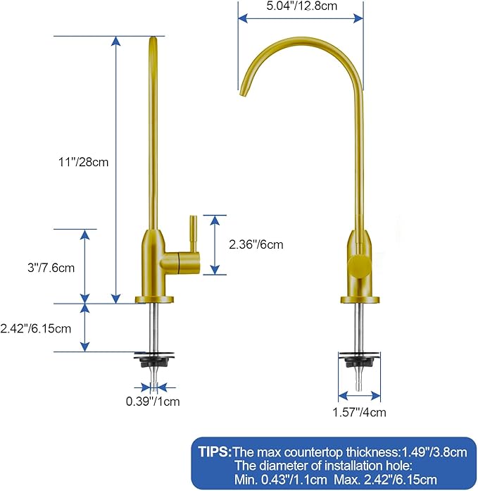 Drinking Water Faucet - Long Thread Stem Filtered Water Tap for Thick Countertop,Lead-Free RO Faucet with Hose and Quick Connect Fittings(Matte Gold)