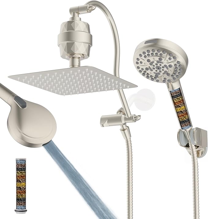 Hibbent All Metal 10'' Filtered Rainfall Shower Head Combo, High Pressure Handheld Shower Head with 12'' Adjustable Curved Extension Arm, 20 Stage Shower Filter, 10-spray, 71'' Hose, Brushed Nickel