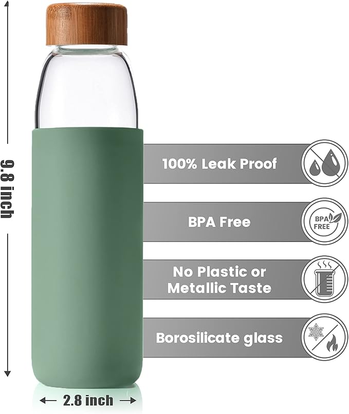veegoal 25 Oz Borosilicate Glass Water Bottles with Bamboo Lid, BPA-FREE, Non-Slip Silicone Sleeve, and Stainless Steel Leak Proof Lid - Reusable Glass Bottle for Men and Women