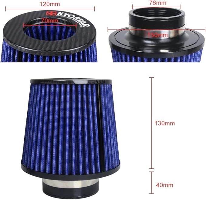 Kyostar Universal Carbon Fiber 3 Inch 76mm Air Intake Cone Filter Replacement Quality Dry Air Filter, Blue
