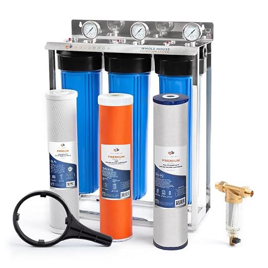 Aquaboon 3-Stage Water Filter System with Prefilter & 20x4.5 Carbon Block, Anti-Scale, KDF Whole House Filters, Pressure Gauge & Release, Wrench, Freestanding Steel Frame