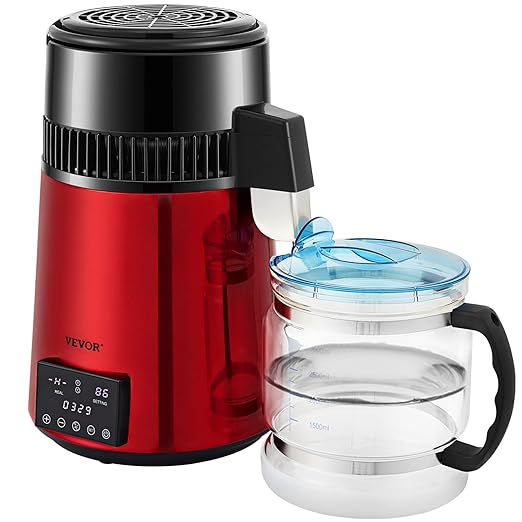 VEVOR 1.1Gal Water Distiller, 0.3Gal/H, Distilled Water Maker Machine 750W 0-99H Timing Dual Temp Display, 304 Stainless Steel Countertop Distiller Glass Carafe Cleaning Powder 3 Carbon Packs, Red