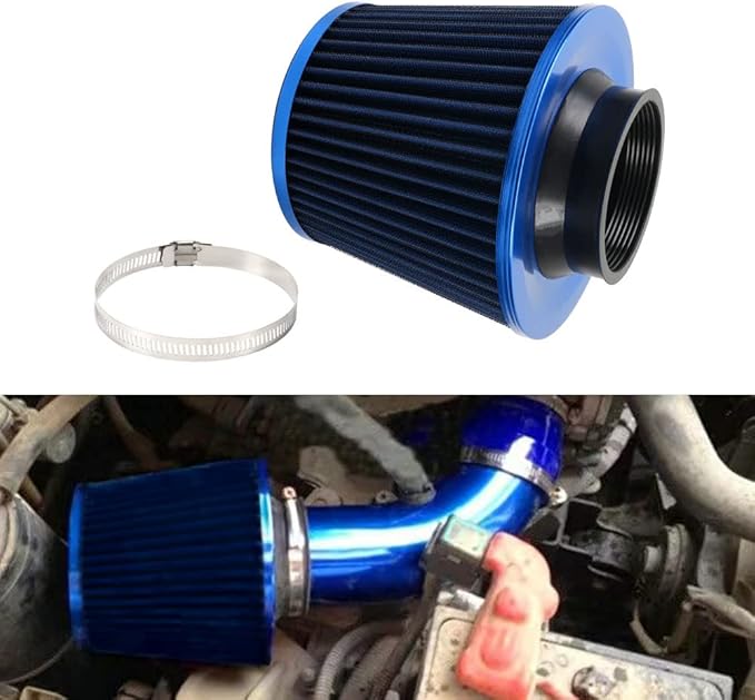 muge racing 3-inch Cold Air Intake Filter 76mm, High Performance Clamp-On Engine Intake Air Filter, Washable Reusable & Universal Round Tapered Replacement Air Filter, Blue