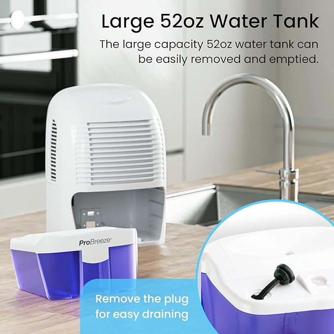 Pro Breeze Electric Mini Dehumidifier, 2200 Cubic Feet (250 sq ft), Compact and Portable for High Humidity in Home, Kitchen, Bedroom, Basement, Caravan, Office, Garage