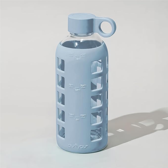 purifyou 40oz / 32oz / 22oz / 12oz Borosilicate Glass Water Bottle with Time & Volume Markers, Silicone Sleeve, Stainless Steel Lid | Reusable Glass Bottle for Water & Juice (22oz Ice Blue)