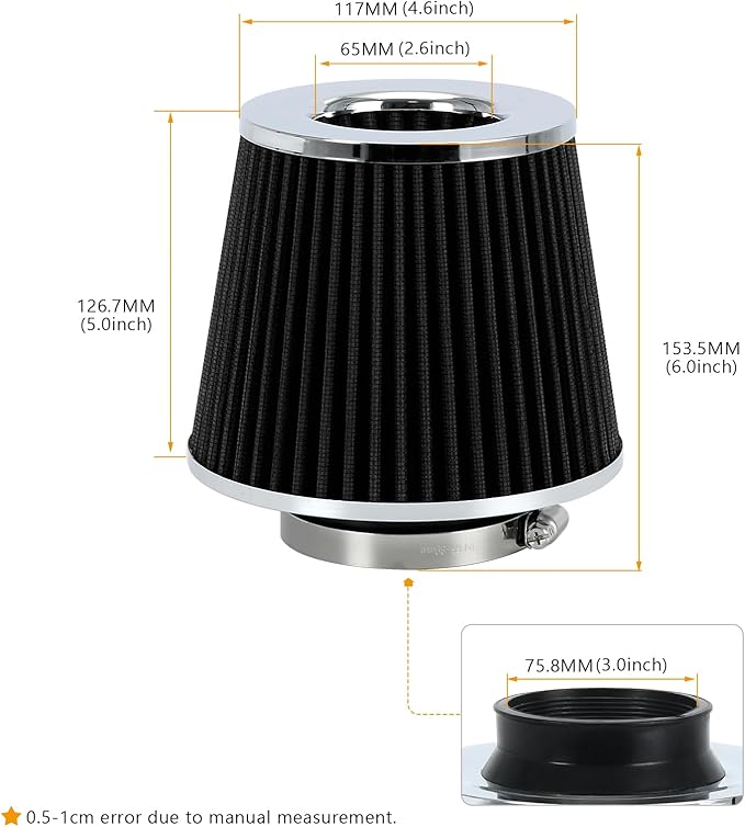 PTNHZ Universal Black 3" 76mm High Flow Cold Air Intake Cone Air Filter Power Intake Air Inlet System Air Cleaner