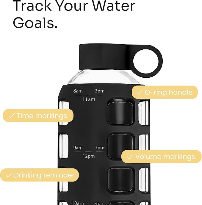 purifyou 40oz / 32oz / 22oz / 12oz Borosilicate Glass Water Bottle with Time & Volume Markers, Silicone Sleeve, Stainless Steel Lid | Reusable Glass Bottle for Water & Juice (22oz Jet Black)