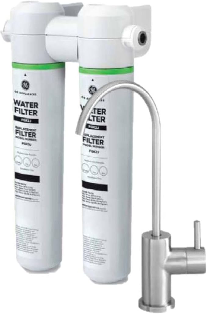 GE Dual Stage Under Sink Water Filtration System with Faucet, Reduces Lead, Chlorine & More, Easy Install, Twist & Lock Design, Replace Filters (FQK2J) Every 6 Months, GXK255TBN