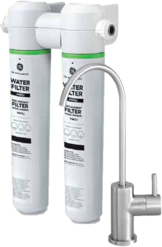GE Dual Stage Under Sink Water Filtration System with Faucet, Reduces Lead, Chlorine & More, Easy Install, Twist & Lock Design, Replace Filters (FQK2J) Every 6 Months, GXK255TBN