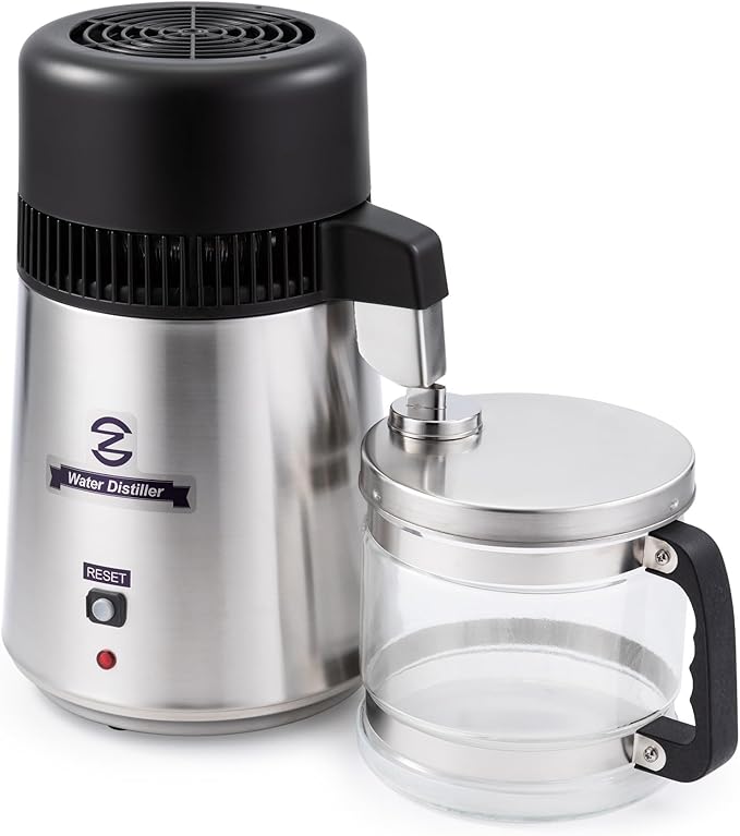 CO-Z Water Distiller 4L Distilled Water Maker with Glass Pot, Brushed 304 Stainless Steel Home Countertop Distiller Water Machine, Distilling Water Purifier Distillers to Make Clean Water