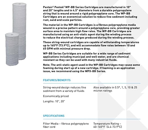 Pentair Pentek WP10BB97P Big Blue Sediment Water Filter, 10-Inch, Whole House Polypropylene String-Wound Filter Cartridge, 10" x 4.5", 10 Micron,White