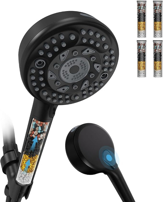 Filtered Shower Head with Handheld, 9 Spray Mode High Pressure Shower Head with 4 Filters, Hard Water Filter Showerhead - Remove Chlorine, Matte Black