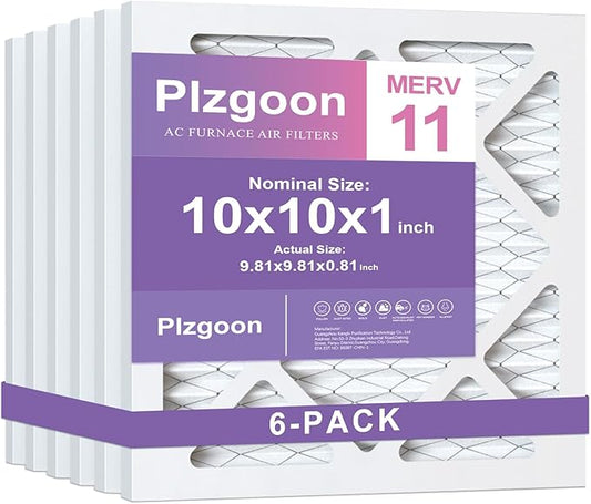 10x10x1 Air Filter MERV 11 MPR 1000 (6 Pack) Pleated AC Furnace Filters Replacement Compatible with Air Conditioner HVAC (Exact Dimensions: 9.81"L x 9.81"W x 0.81"Th)