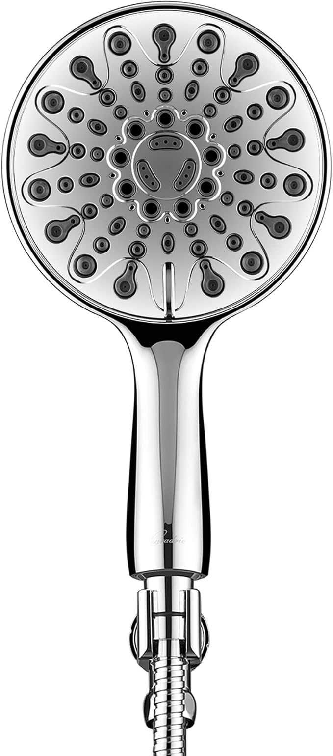 Handheld Shower Head, 6" Chrome Face 6 Spray Setting Shower Head with High Pressure, Brass Swivel Ball Mount and Extra Long Flexible Stainless Steel Hose