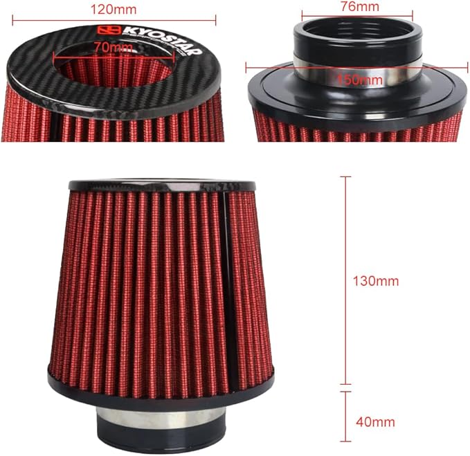 Kyostar 3 Inch 76mm Cold Air Intake Filter Cone Universal Carbon Fiber Replacement High Flow Dry Air Filter Red