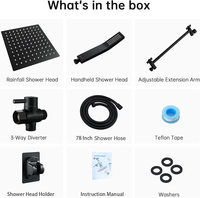All Metal Rain Shower Heads with Handheld Spray Combo, High Pressure Square 10'' Shower Head with 11'' Extension Arm, Black Shower Head with 78'' Anti-leak Hose, Dual 2 in 1 Waterfall Showerhead
