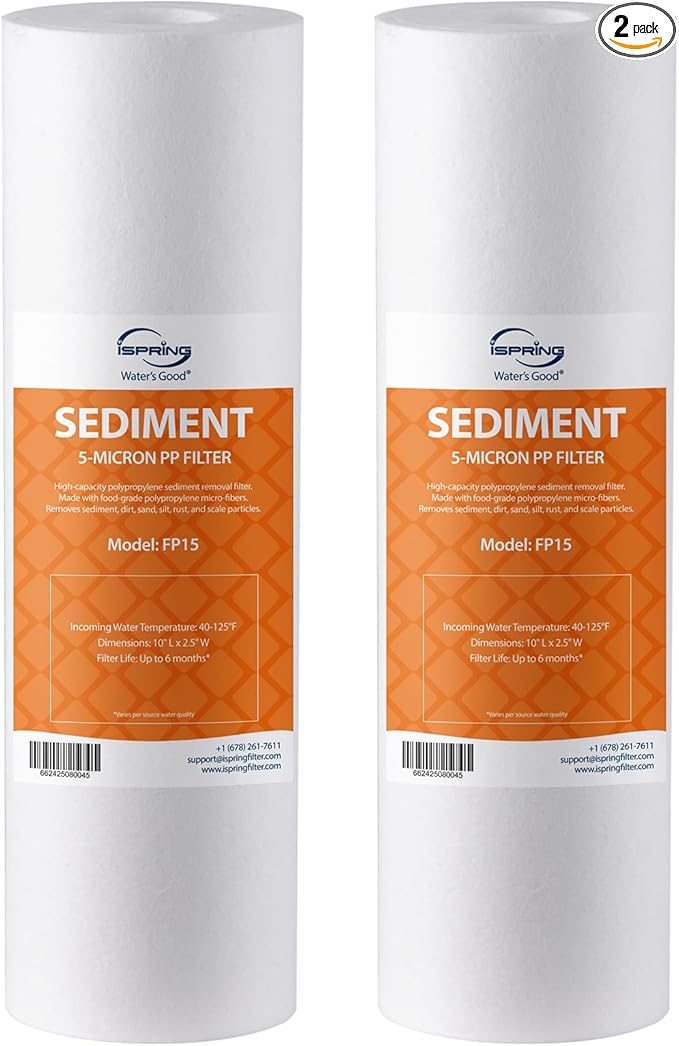 iSpring FP15X2 NSF Certified 10" x 2.5" Universal Sediment Water Filter Replacement Cartridges, 5 Micron Multi-layer Sediment Filter, 2 Pack