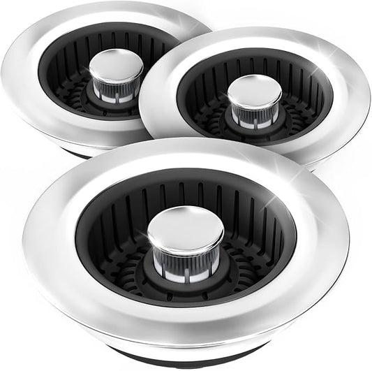 Kitchen Sink Drain Strainer - 3Pack Sink Stopper, Drain Protector, Kitchen Drain Plug & Sink Installation Parts with Anti-Clogging Basket, Fit US Standard 3-1/2'' Sink Drain Hole, Black
