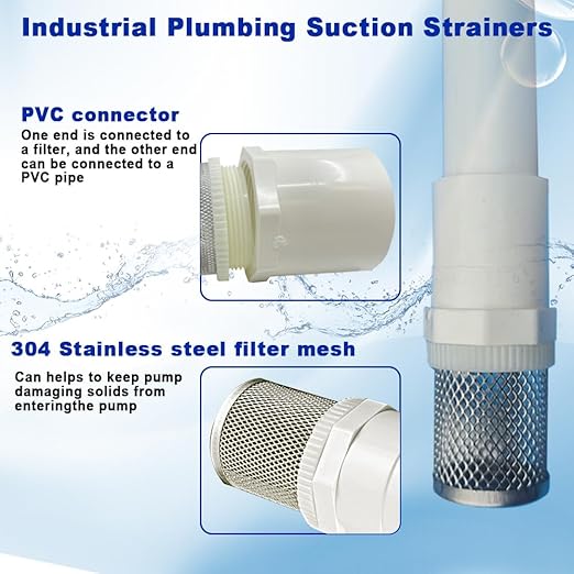 2" Stainless Steel Filter Cover Connected to 2 inch/DN50 PVC Water Pipe, Suction Strainers Used to Remove Debris and Reduce Solid Entry
