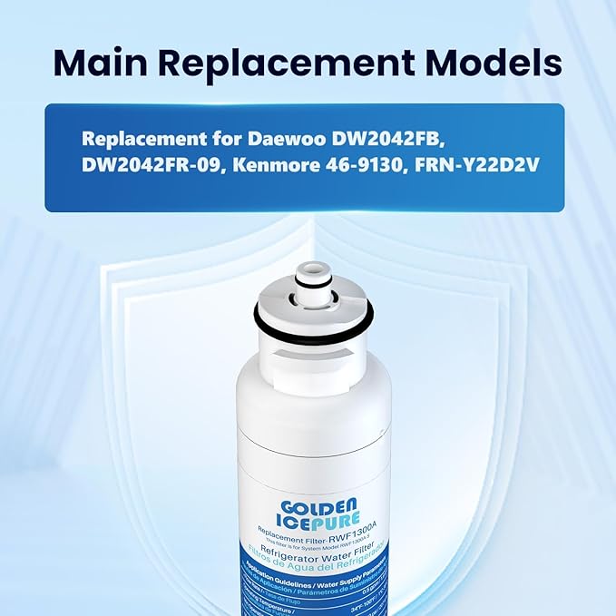 GOLDEN ICEPURE RWF1300A Water Filter Replacement for Daewoo DW2042FR-09, DW2042FB, Kenmore 469130, Aqua Crystal DW2042F-09, FRN-Y22D2V, FRN-Y22D2W,3PACK