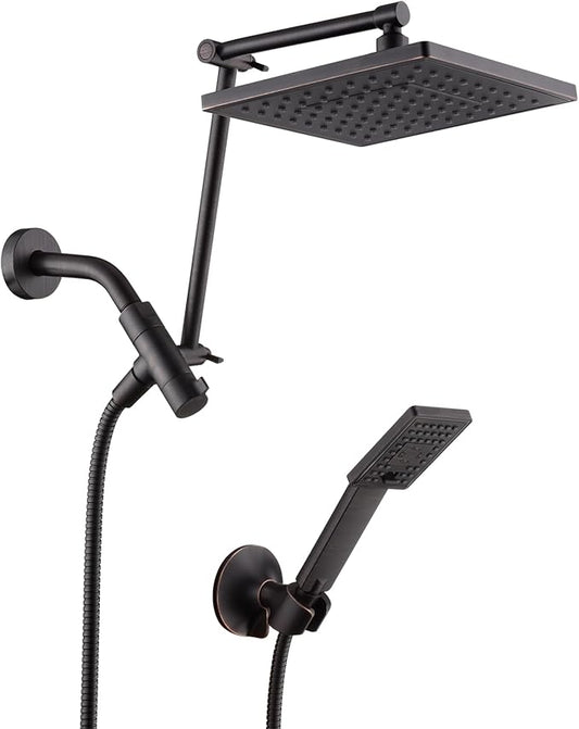 BRIGHT SHOWERS High Pressure Rain Shower Head Combo with Double Extension Arm, 8 Inch Rainfall Shower Head with Handheld Spray, Height Adjustable Dual Square Showerhead Set, Oil-Rubbed Bronze