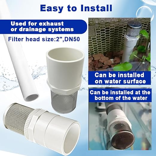 2" Stainless Steel Filter Cover Connected to 2 inch/DN50 PVC Water Pipe, Suction Strainers Used to Remove Debris and Reduce Solid Entry