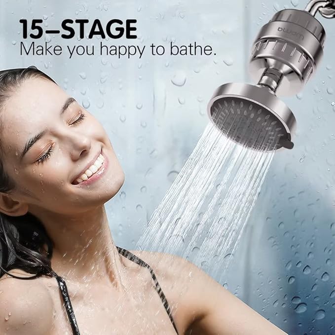 15 Stage Shower Filter Shower Head Filter - Hard Water Filter,Remove Chlorine Heavy Metals and Other Sediments, Vitamin C Water Softener Reduces Dry Itchy Skin,Dandruff (Brushed Nickel)