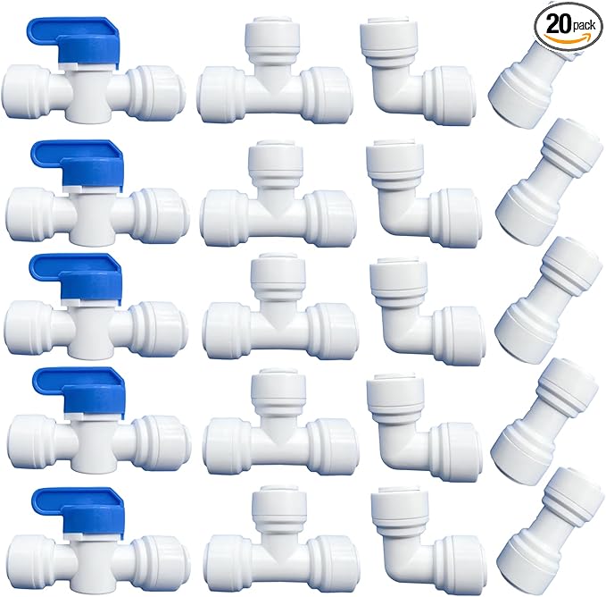 20 pcs Water Push to Connect Quick Connect Fittings 3/8" Tube OD for RO Water Reverse Osmosis System Water Tube Fitting (Ball Valve + Tee fitting + Union Connector+Elbow Connector)