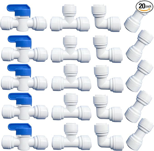 20 pcs Water Push to Connect Quick Connect Fittings 3/8" Tube OD for RO Water Reverse Osmosis System Water Tube Fitting (Ball Valve + Tee fitting + Union Connector+Elbow Connector)