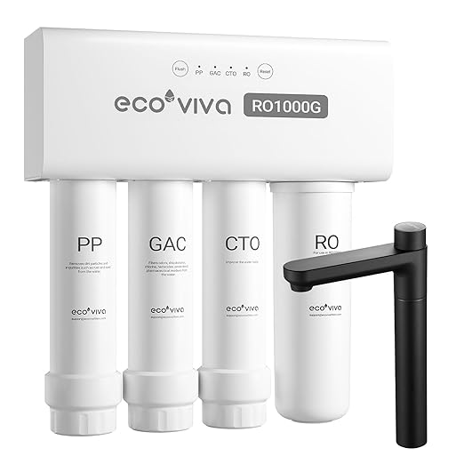 Ecoviva UnderSink Reverse Osmosis RO 1000GPD Water Filter Filtration System, Alkaline Water pH 7-8, 8-Stage Filtration, 3:1 Pure-to-Drain Filter
