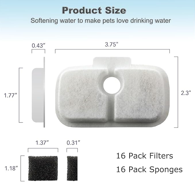 16 Pack Cat Water Fountain Replacement Filter for Petlibro Dockstream Cat Water Fountain(PLWF005/PLWF115/PLWF105, Pet Water Fountain Filter with Replacement Pre-Filter Pump Sponges(16+16)