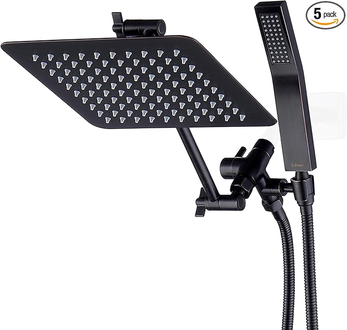 G-Promise All Metal 10 Inch Dual Square Shower Head with Handheld Spray Combo, Rain Shower Head, Adjustable Extension Arm, 3-Way Diverter, 71 Inch Long Hose - A Bathroom Upgrade(Oil Rubbed Bronze)